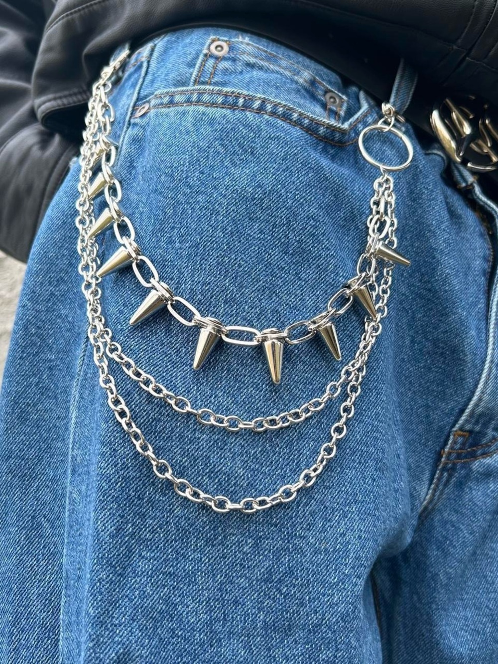 Punk Y2K Silver double layered spike chain Waist   Chain  , Dress Up Jeans Goth